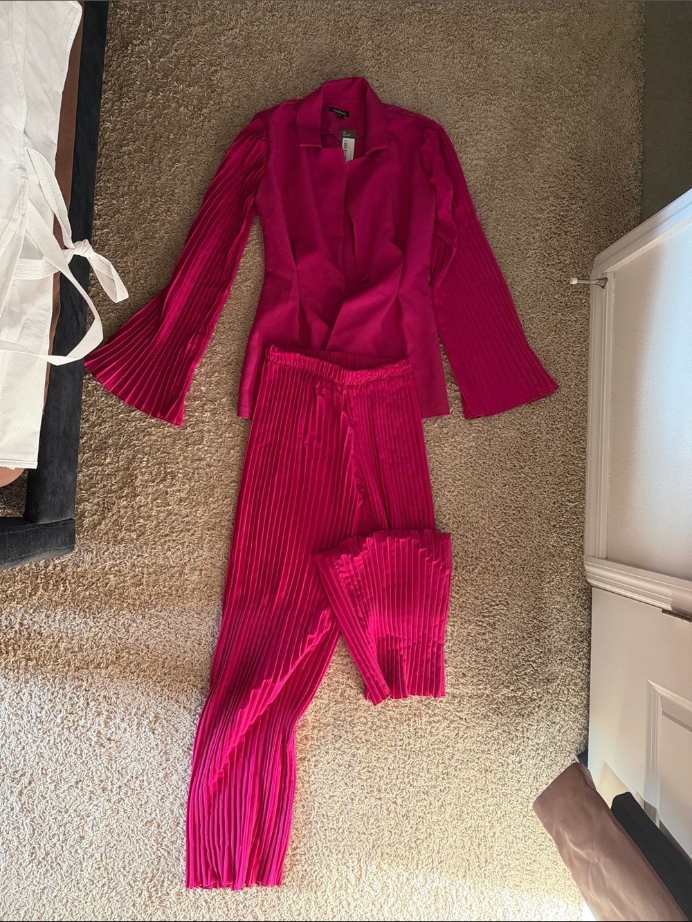 Fuchsia Pleated Jacket & Pants Set - Women's Two-Piece
